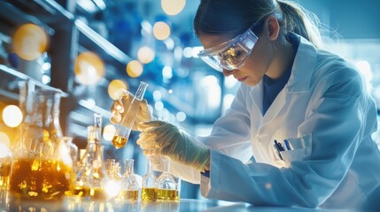 Female Scientist Conducting Experiment in Laboratory with Glassware and Equipment