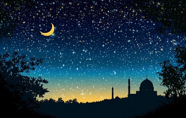 Naklejka premium A vector illustration of the night sky with stars and a crescent moon, a silhouette mosque in the bottom right corner, 