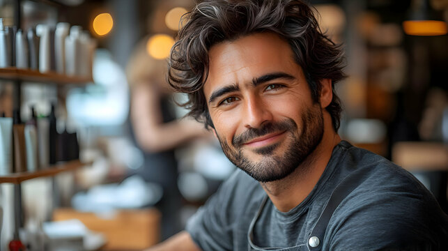 Portrait of a Smiling Male Barber in His Shop