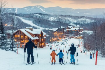 Parents guide children through first skiing lessons on a bustling beginner slope at a ski resort during soft morning light