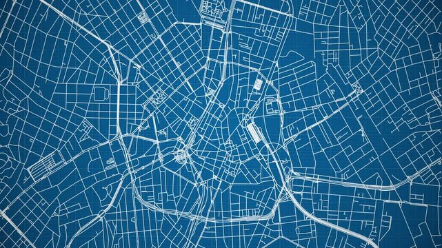 Ink reveal animation of S&atilde;o Paulo city, Brazil, grid map. Aerial top view. Blueprint style. White lines with blue background. 4K Seamless loop.