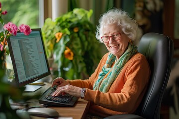 Senior woman enhances typing skills in cozy home office during an online computer course