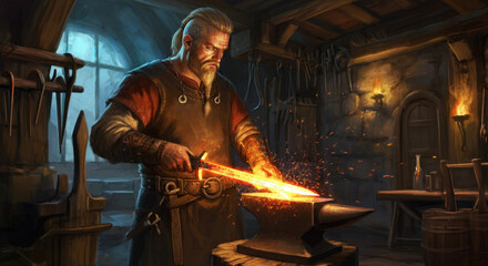 Medieval blacksmith forging sword in workshop with glowing sparks