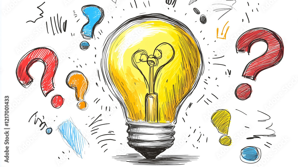 Poster light bulb with swirling question marks and exclamation marks around it, emphasizing curiosity and i