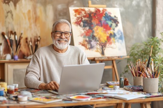 Elderly man enjoys a virtual art class surrounded by paints and brushes in a warm and inviting workspace