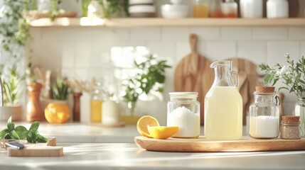 Bright and Welcoming Kitchen Counter Arrangement with Fresh Fruits and Herbs