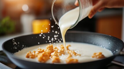 The image features a glass pouring fresh milk onto crunchy ingredients in a pan, symbolizing the creation of a rich, comforting dish that's visually appealing.