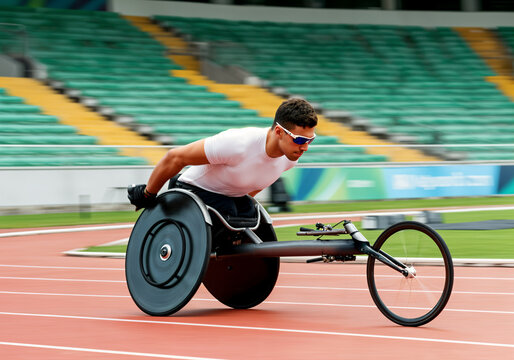 Male para athlete racing in wheelchair on outdoor track stadium in daylight