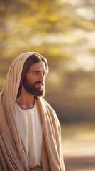 A serene depiction of a figure resembling Jesus Christ, set against a soft, golden backdrop, exuding peace and tranquility.