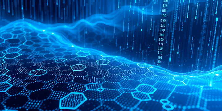 Abstract digital landscape, blue neon waves, data streams, futuristic grid, cyberpunk aesthetics, binary code rain, glowing energy lines, virtual reality, technological ocean, matrix-inspired backgrou