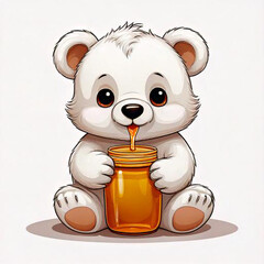 Cute little baby bear cub eating honey from a jar