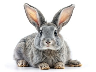 Obraz premium Lonely Grey Rabbit Isolated on White Background - Aerial View Stock Photo