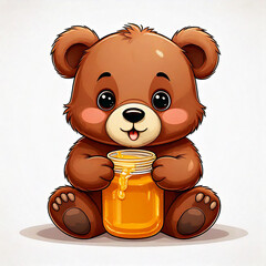 Cute little baby bear cub eating honey from a jar