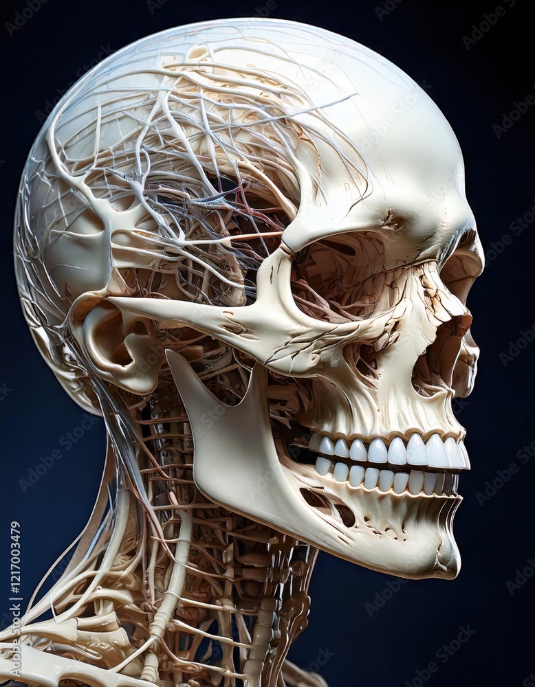 Poster calcium and bone, 3d rendering of a detailed skull, emphasizing its intricate structure and high fid
