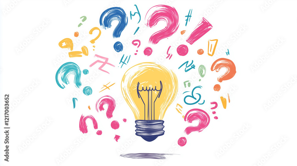 Poster light bulb with swirling question marks and exclamation marks around it, emphasizing curiosity and i