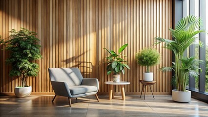 Minimalist Modern Interior: Wooden Wall, Stylish Chair & Indoor Plants