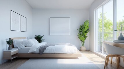 Fototapeta premium Serene Minimalist Bedroom Design: Modern Interior with Natural Light