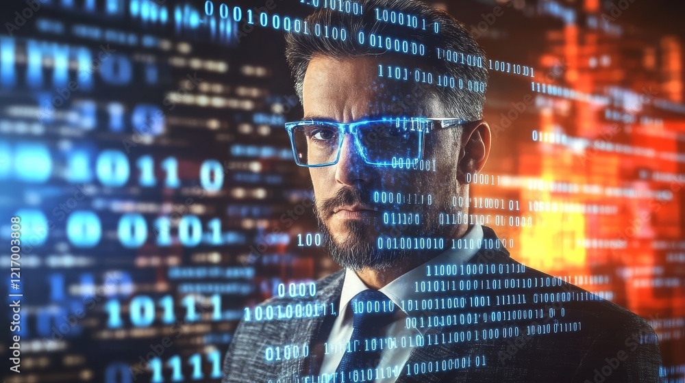 Poster conceptual depiction of a chief technology officer amid a blue matrix and binary code backdrop.