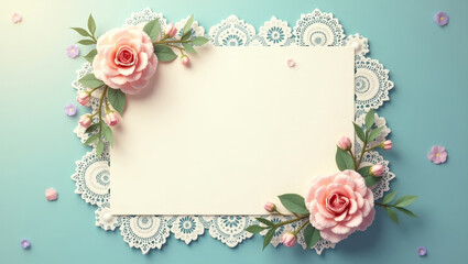 Fototapeta premium Delicate Pink Roses & Lace Frame Blank Card on Teal Background