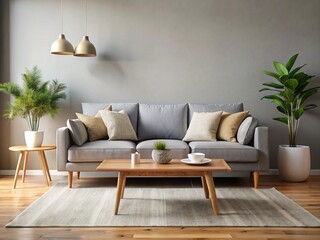 Fototapeta premium Modern Gray Sofa Living Room Interior Design Mockup - Wooden Coffee Table