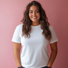 Fototapeta premium portrait of a women,mock up for white t-shrit on pink background 