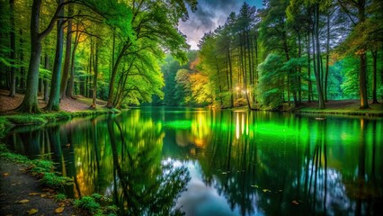 Fototapeta premium Mystical Emerald Lake at Night, Beech Woods, Szczecin, Poland - Stunning Landscape Photography