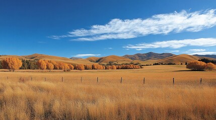 Obraz premium Serene Autumnal Landscape: Golden Fields and Rolling Hills Under a Blue Sky
