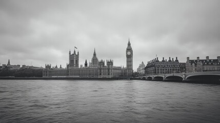 Naklejka premium Historic Parliament Building and Big Ben Tower Overcast Sky Reflected in River Thames
