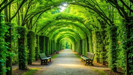 Serene Green Tunnel Path: Two Benches Under Lush Archway of Trees