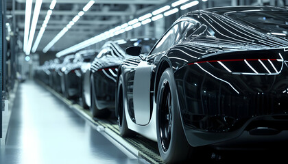 Car assembly line in a modern factory, highlighting the advanced technology and streamlined processes in vehicle manufacturing  -