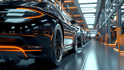 Obraz premium Car assembly line in a modern factory, highlighting the advanced technology and streamlined processes in vehicle manufacturing -