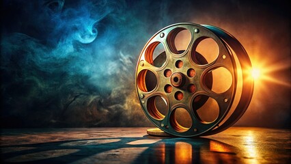 Obraz premium Silhouette of Old Film Reel on Dark Background - Vintage Movie Night Stock Photo