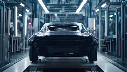 Obraz premium Car assembly line in a modern factory, highlighting the advanced technology and streamlined processes in vehicle manufacturing -