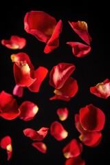 A romantic gesture with red rose petals spreading through the air