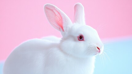 Obraz premium A cute white rabbit with pink ears sits against a soft pastel pink and blue background, creating a dreamy, cinematic atmosphere.