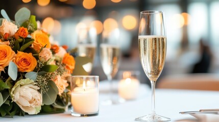 A beautifully arranged table with sparkling champagne, a candle, and a vibrant bouquet of roses, creating an inviting atmosphere for celebration and joy.
