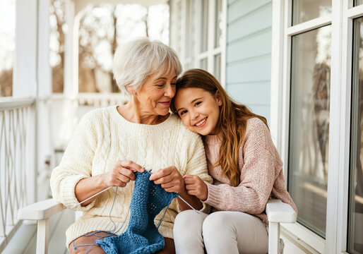 Elderly grandmother and her granddaughter knitting together on porch