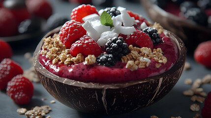 Vibrant Berry Smoothie Bowl in Coconut Shell with Granola