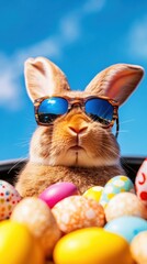 A cute bunny with sunglasses peeks out from a car, surrounded by colorful Easter eggs, against a clear blue sky.