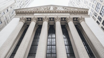 Naklejka premium Majestic view of grand columns of a historic building against a modern city skyline backdrop