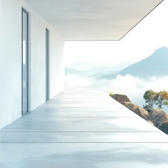 White building with a long, narrow hallway and a view of mountains