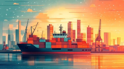 Fototapeta premium Artistic Representation of a Marine Port Capturing the Essence of Shipping Transportation and Ocean Logistics