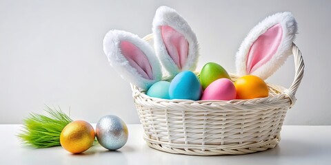 White Easter Eggs with Bunny Ears & Colorful Eggs in Basket - Top View Stock Photo