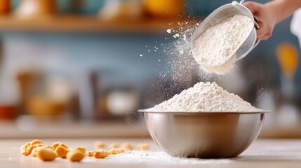 A baker skillfully sifting flour into a bowl, showcasing the art of baking. This image represents precision and passion in creating culinary masterpieces.