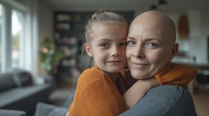 daughter hugs mother, daughter support for mom suffering from cancer