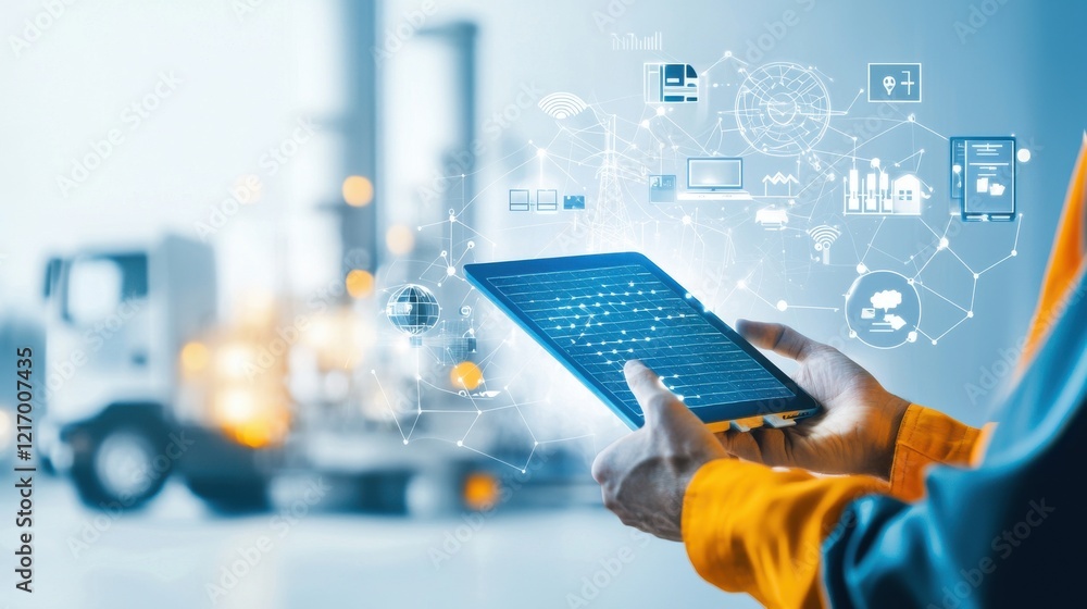 Poster hands using modern digital device in workspace with abstract graphics