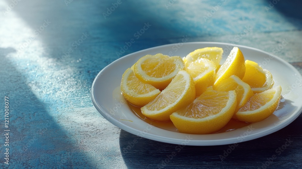 Poster freshly cut lemon slices on a white plate arranged neatly with soft sunlight streaming in creating a