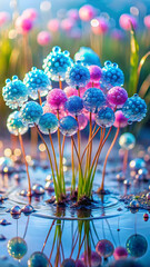 A cluster of small balloon shaped flowers in pastel shades of blue and pink