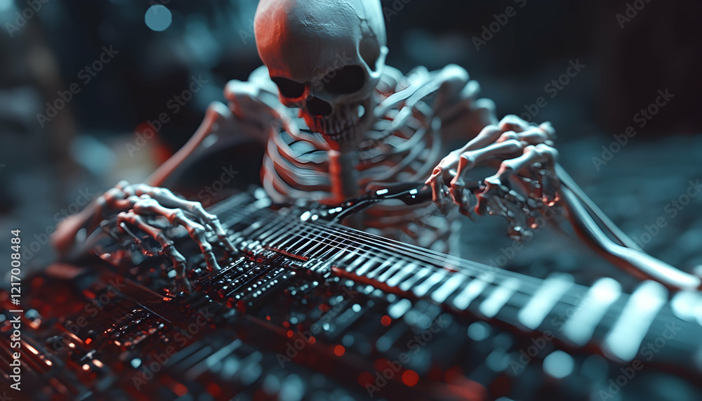 Poster classical skeleton guitarist playing a digital touch-sensitive guitar that transforms genres with ea
