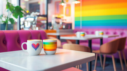 Bright coffee shop with rainbow-themed decor and mugs, symbolizing inclusivity, LGBTQ+ pride, and community connection.